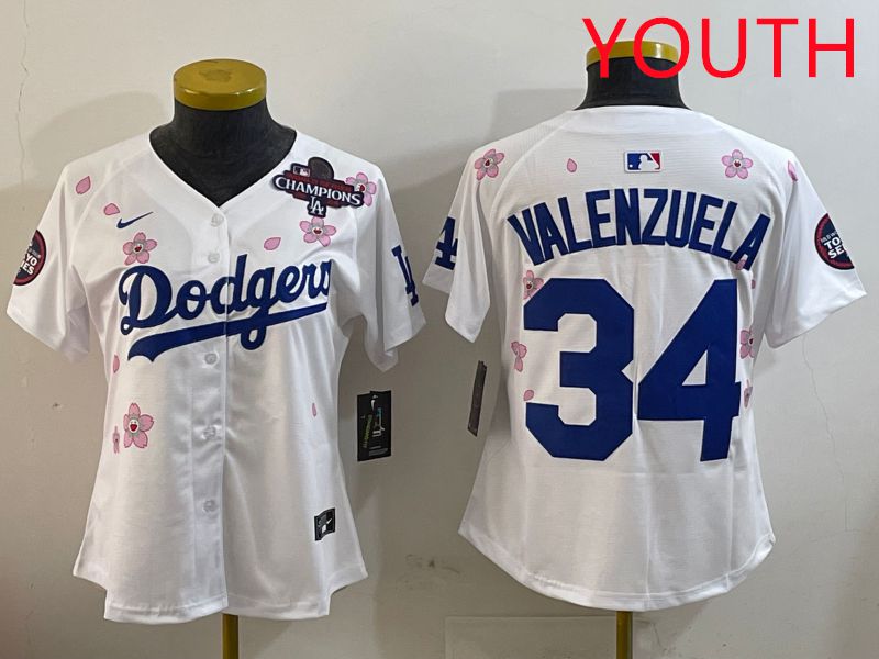 Youth Los Angeles Dodgers #34 Valenzuela White Sakura Edition 2025 Nike MLB Jersey style 3->youth mlb jersey->Youth Jersey